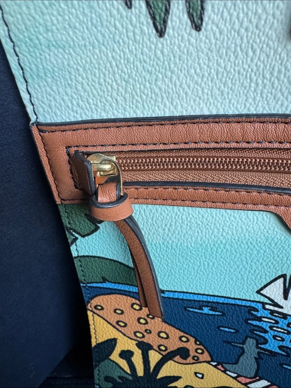 Tory Burch Kerrington Blue Parrot Tote with Brown Leather Handles